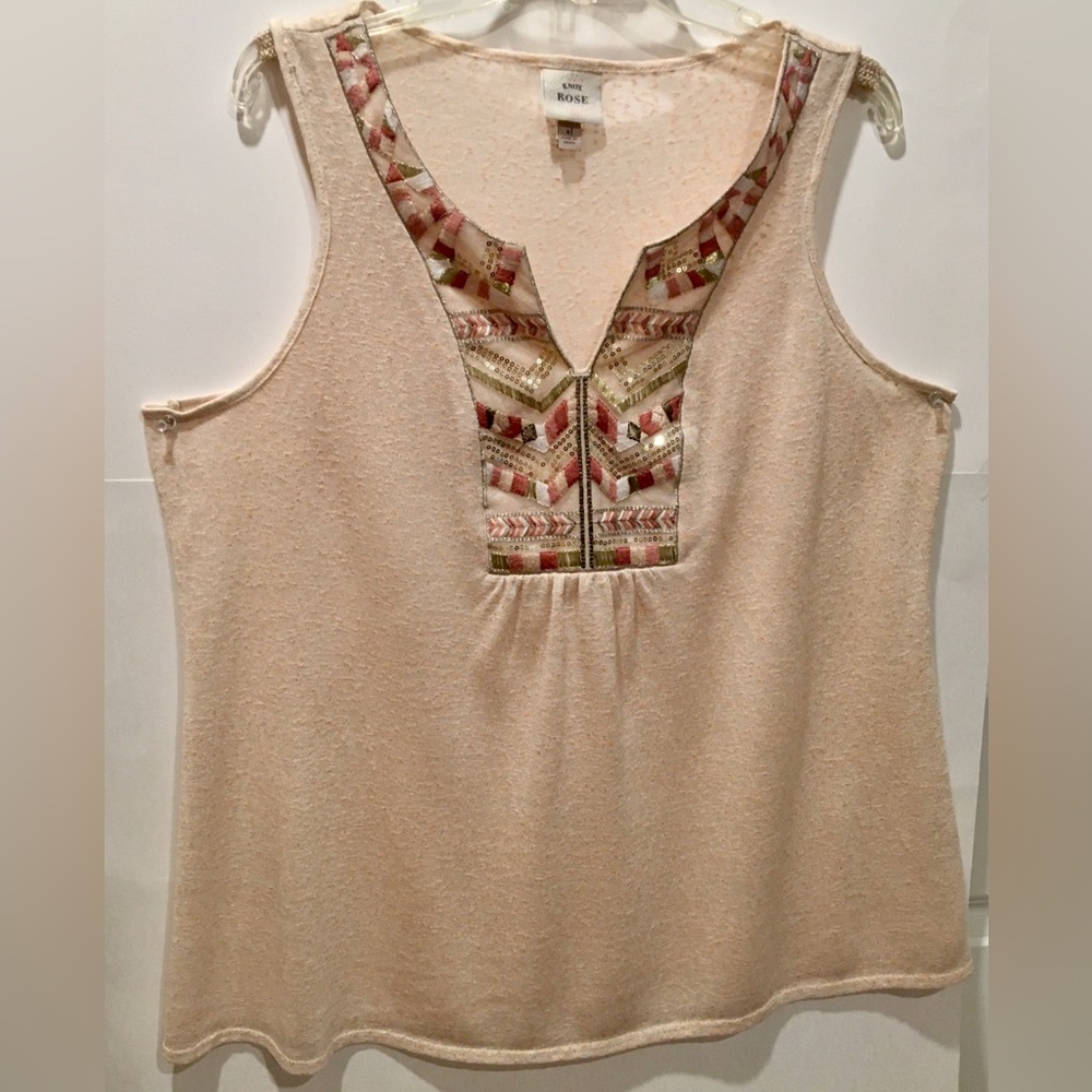 Ladies Top 1X V-Neck Soft Tan Boho Style Gauzy Lightweight w/Embellished Bodice